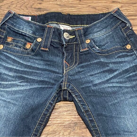True Religion Low Rise Capri Blue Denim Jeans with Orange Stitching Size 24 - Picture 2 of 11